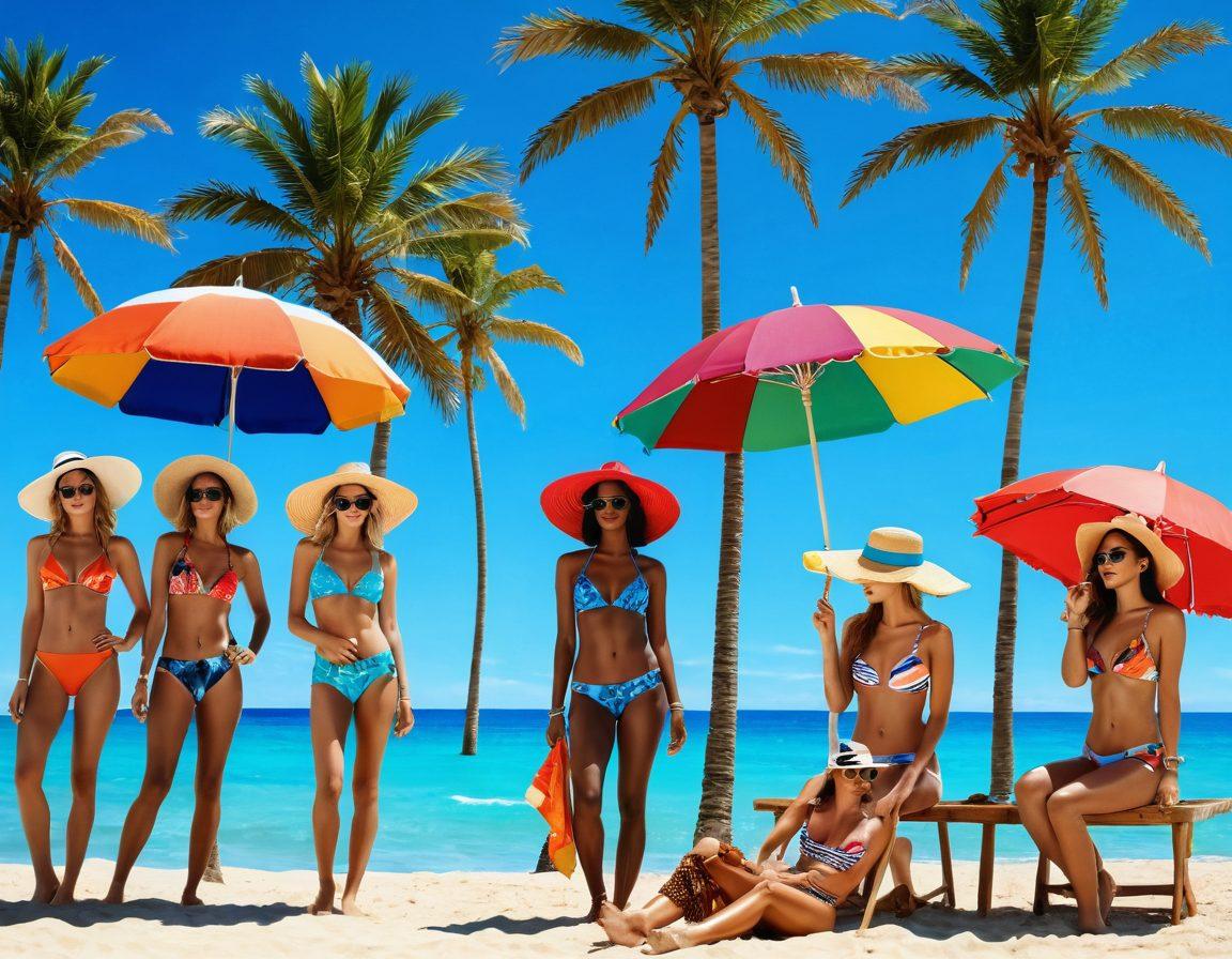 A stylish beachside setting featuring a diverse group of fashionable individuals showcasing chic swimwear essentials. Vibrant beach umbrellas, palm trees swaying in the breeze, and clear blue skies set the backdrop. Include accessories like chic sunglasses, oversized hats, and colorful beach towels. Capture the essence of summer fun and elegance in the swimwear. super-realistic. vibrant colors. bright and airy.